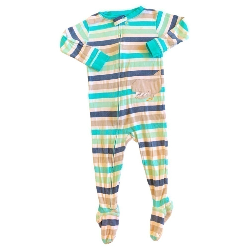 Carter’s Blue Green Gray Striped Footed Whale Onesie Size 18mos